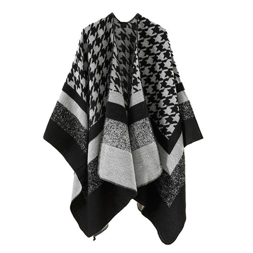 Damen Oversize‑Ruana‑Poncho aus Wollmix mit Hahnentritt- und Blockjacquard Shop Nory