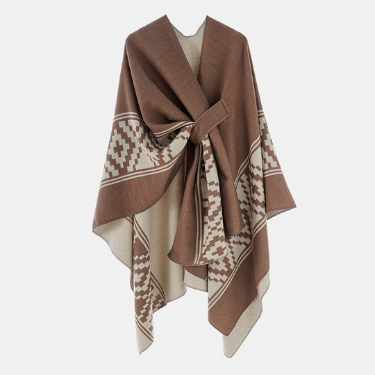 Damen Jacquard‑Ruana mit Bindegürtel und geometrischem Muster Shop Nory