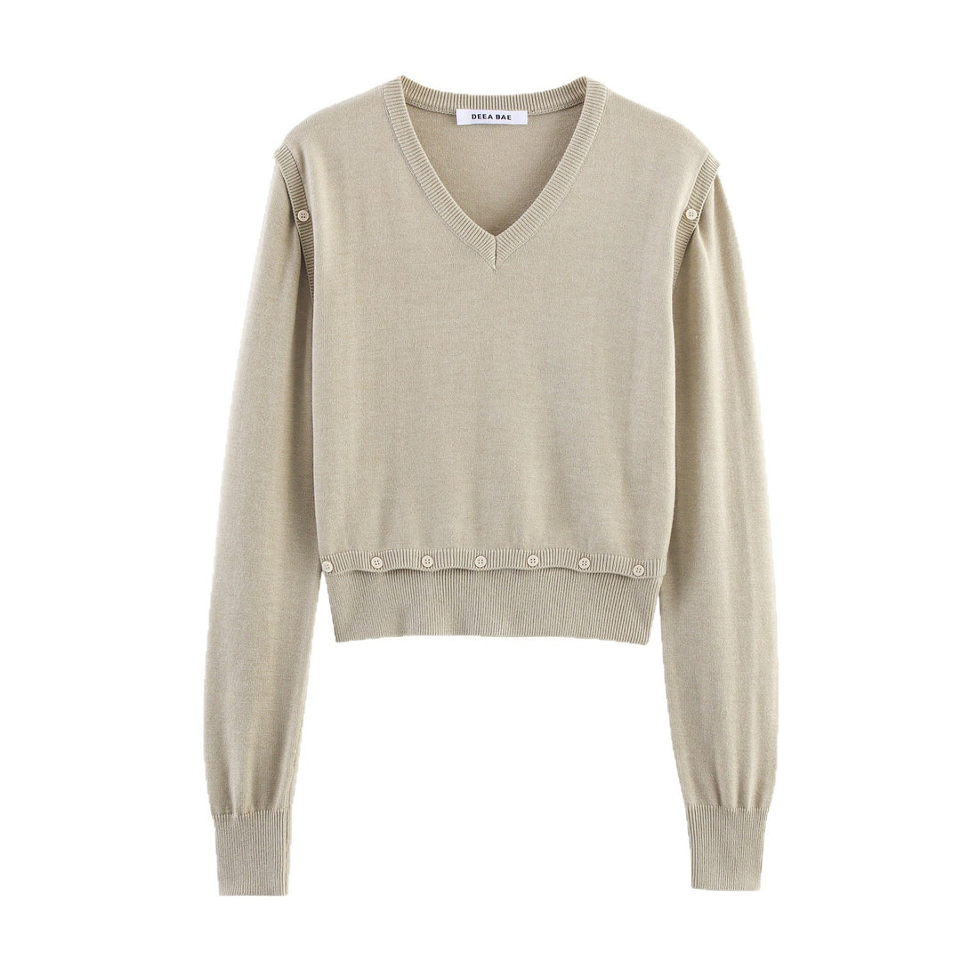 Damen Kurzer Feinstrick-Pullover mit Ballonärmeln und Dekoknopf-Bund Shop Nory