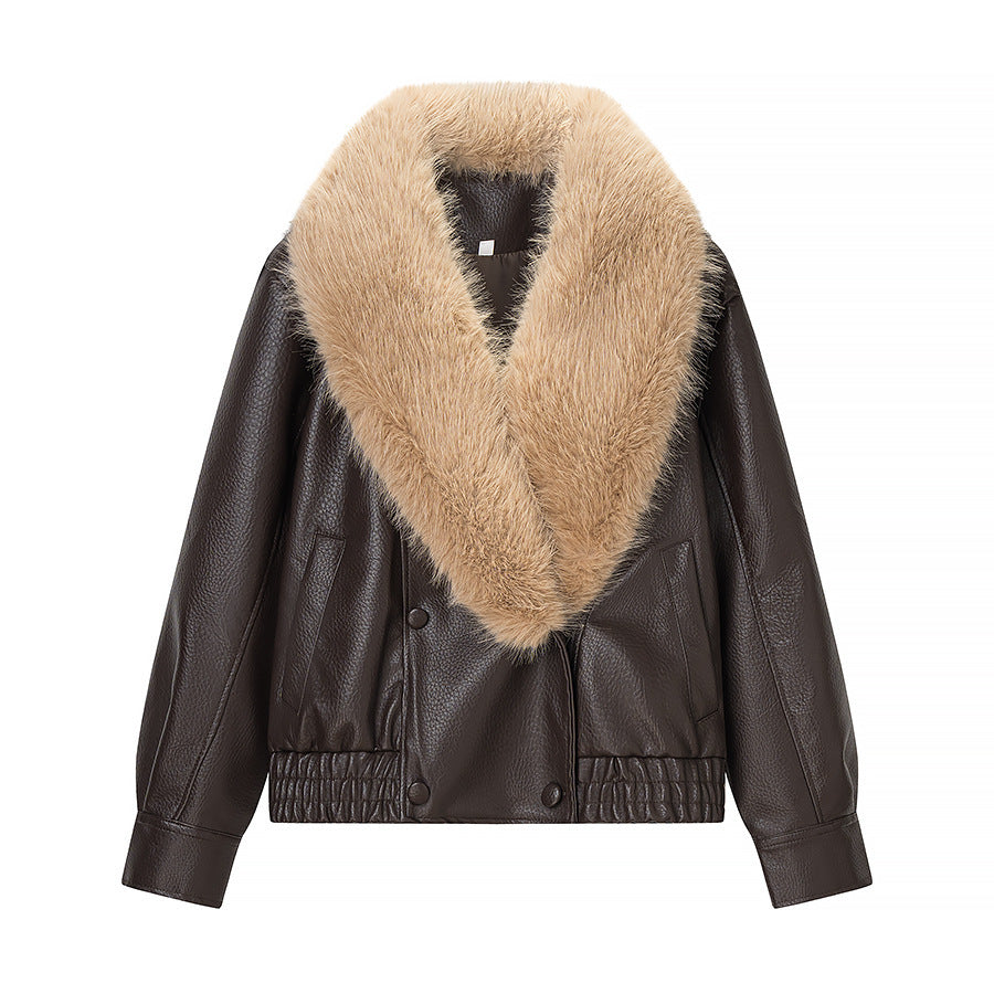 Damen Bomberjacke aus Lederoptik mit voluminösem Fellkragen Shop Nory
