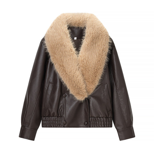 Damen Bomberjacke aus Lederoptik mit voluminösem Fellkragen Shop Nory