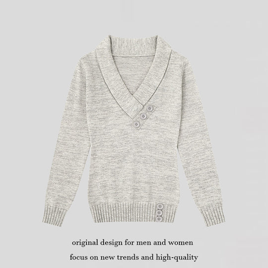 Damen Feinstrick-Pullover mit Schalkragen, V-Ausschnitt und Zierknöpfen Shop Nory