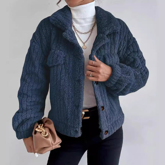 Damen nan kuschelige Teddyjacke mit Hemdkragen, Druckknopfverschluss und aufgesetzten Brusttaschen Shop Nory