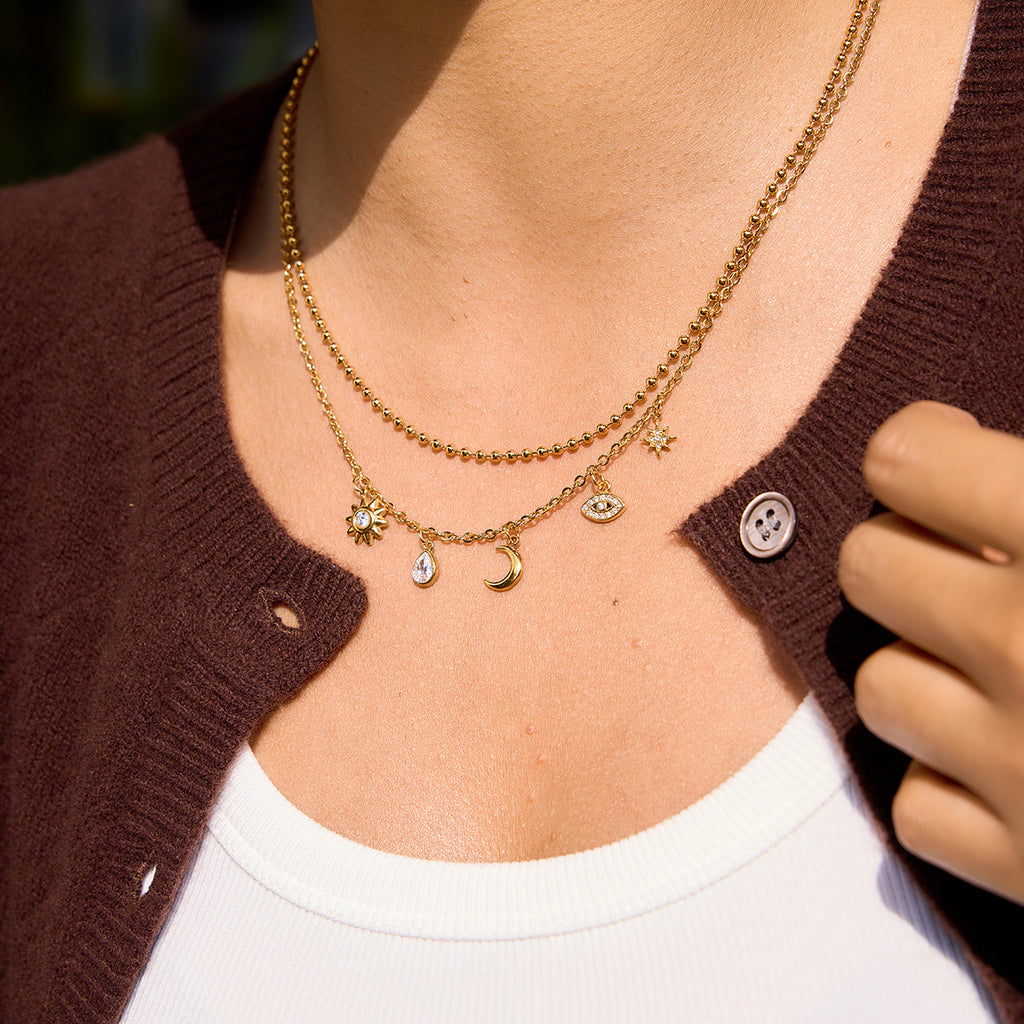 Damen mehrlagige Halskette mit detaillierten Sonnen- und Mondanhängern Shop Nory