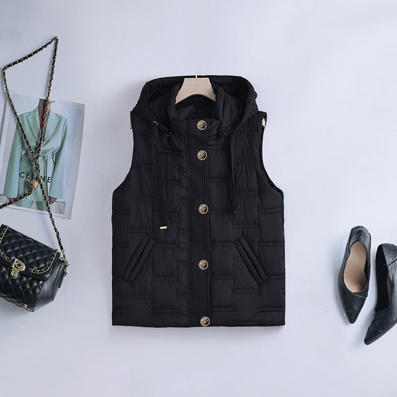 Damen nan ärmellose gesteppte Kapuzenweste mit verdeckter Knopfleiste und schrägen Eingrifftaschen Shop Nory