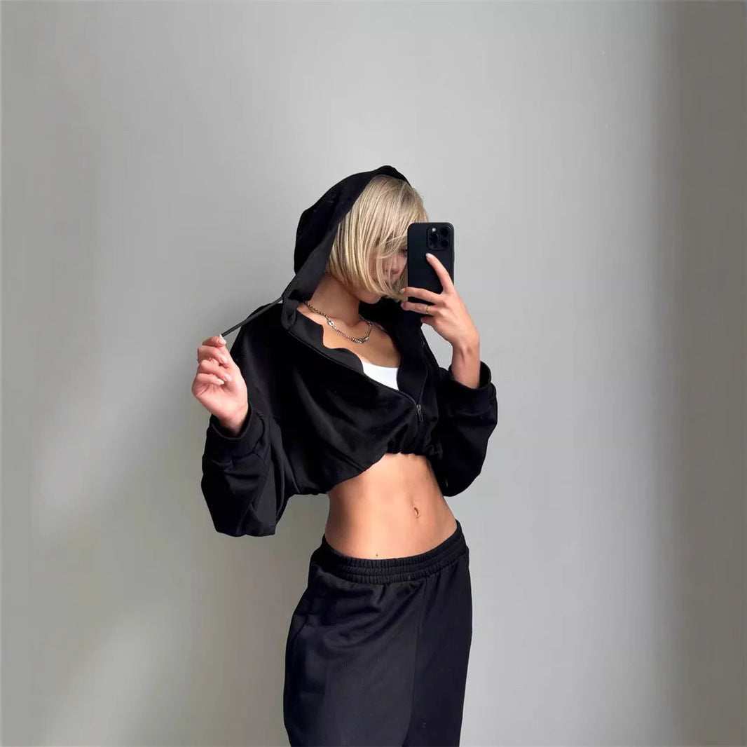 Damen Kurzes Zip-Kapuzenjacke und High‑Waist Loungehose Set Shop Nory