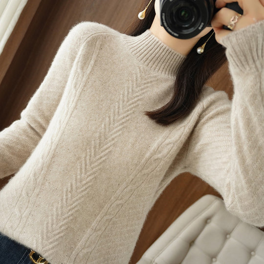 Damen Leichter Mohair‑Look Stehkragenpullover mit Zopf‑Ajour und taillierter Silhouette Shop Nory