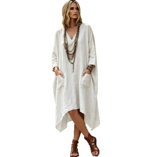 Damen nan Oversize Kaftankleid mit V-Ausschnitt, Eingrifftaschen und asymmetrischem Saum Shop Nory