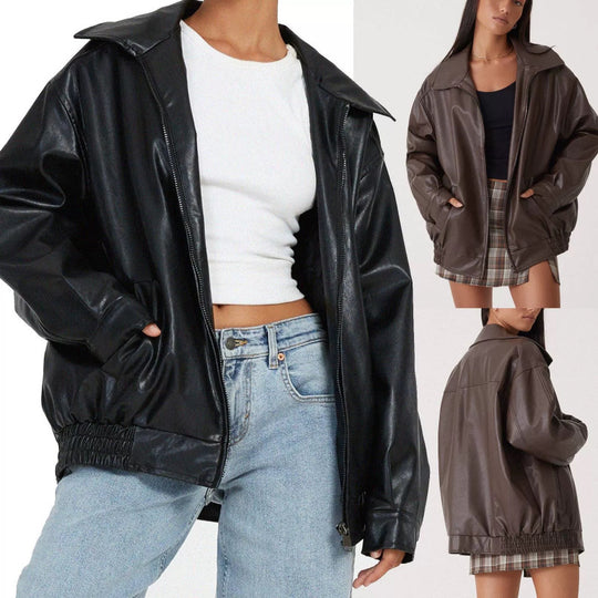 Damen Oversize Kunstleder Blouson mit Reißverschluss und elastischem Saum Shop Nory