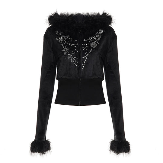 Damen nan kurze Kapuzenjacke mit Kunstfellbesatz und Strassverzierung Shop Nory
