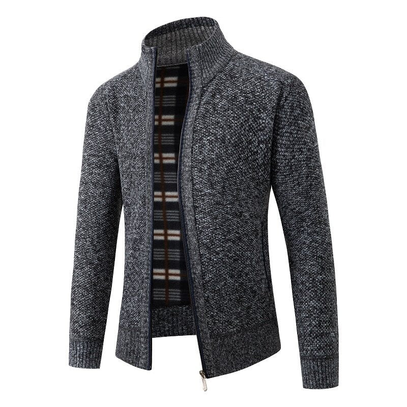 Herren Strukturiertes Zip-Strickjacke mit Karo‑Fleece‑Futter und Stehkragen Shop Nory