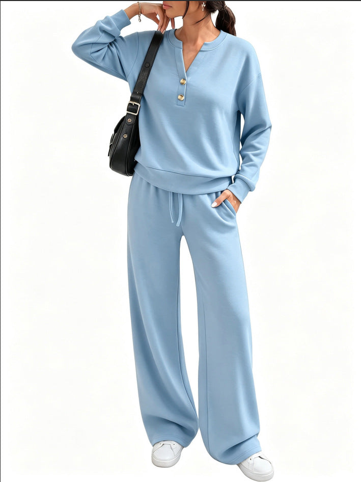 Damen Lounge-Set mit Henley-Kragen und palazzoweiter Jogginghose Shop Nory