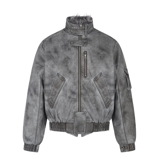 Herren wattierte Pilotjacke im Bomberstil mit hohem Kragen, Kunstfellbesatz und Taillengürtel Shop Nory