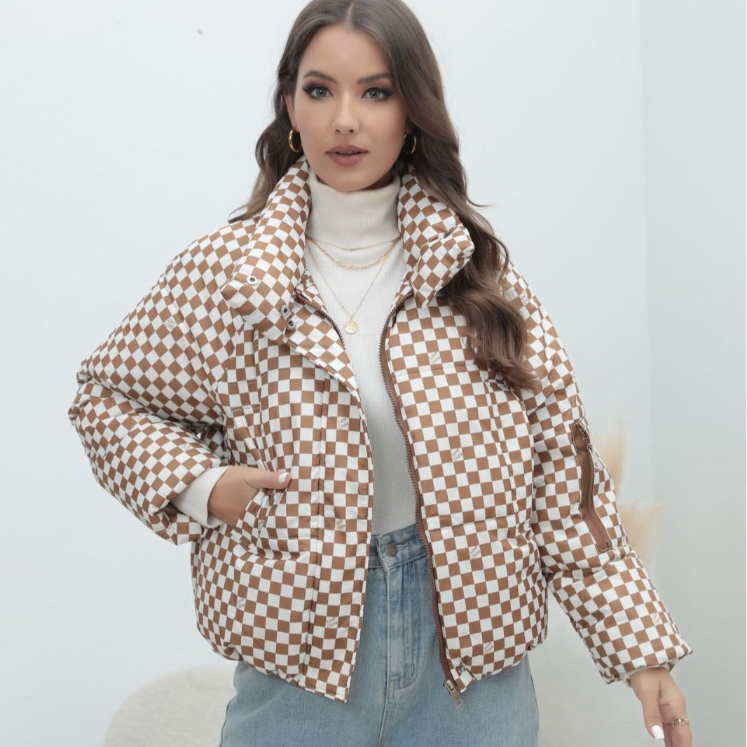 Damen Kurzgestepptes Karo-Winterjacke mit Stehkragen und Ärmeltasche Shop Nory