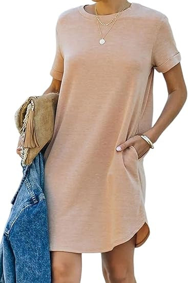Damen lässiges Freizeitkleid mit Taschen und Rundhalsausschnitt