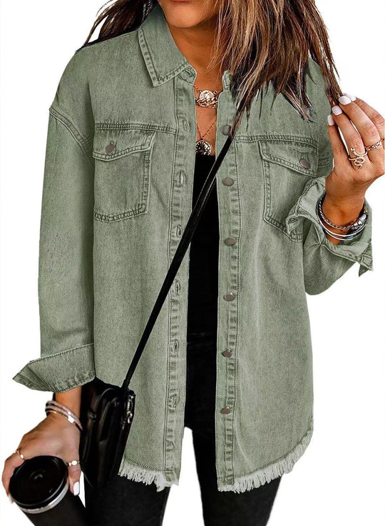 Damen Denim Overshirt mit fransigem Saum und Brusttaschen ShopNory