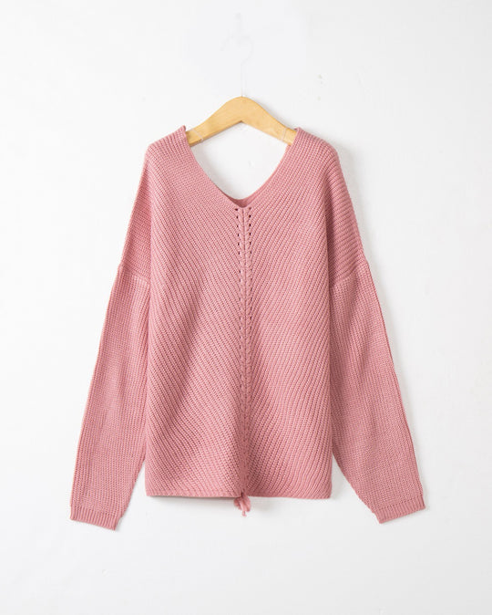 Damen Strickpullover mit Zopfmittelnaht, V‑Ausschnitt und Kordelzug Shop Nory