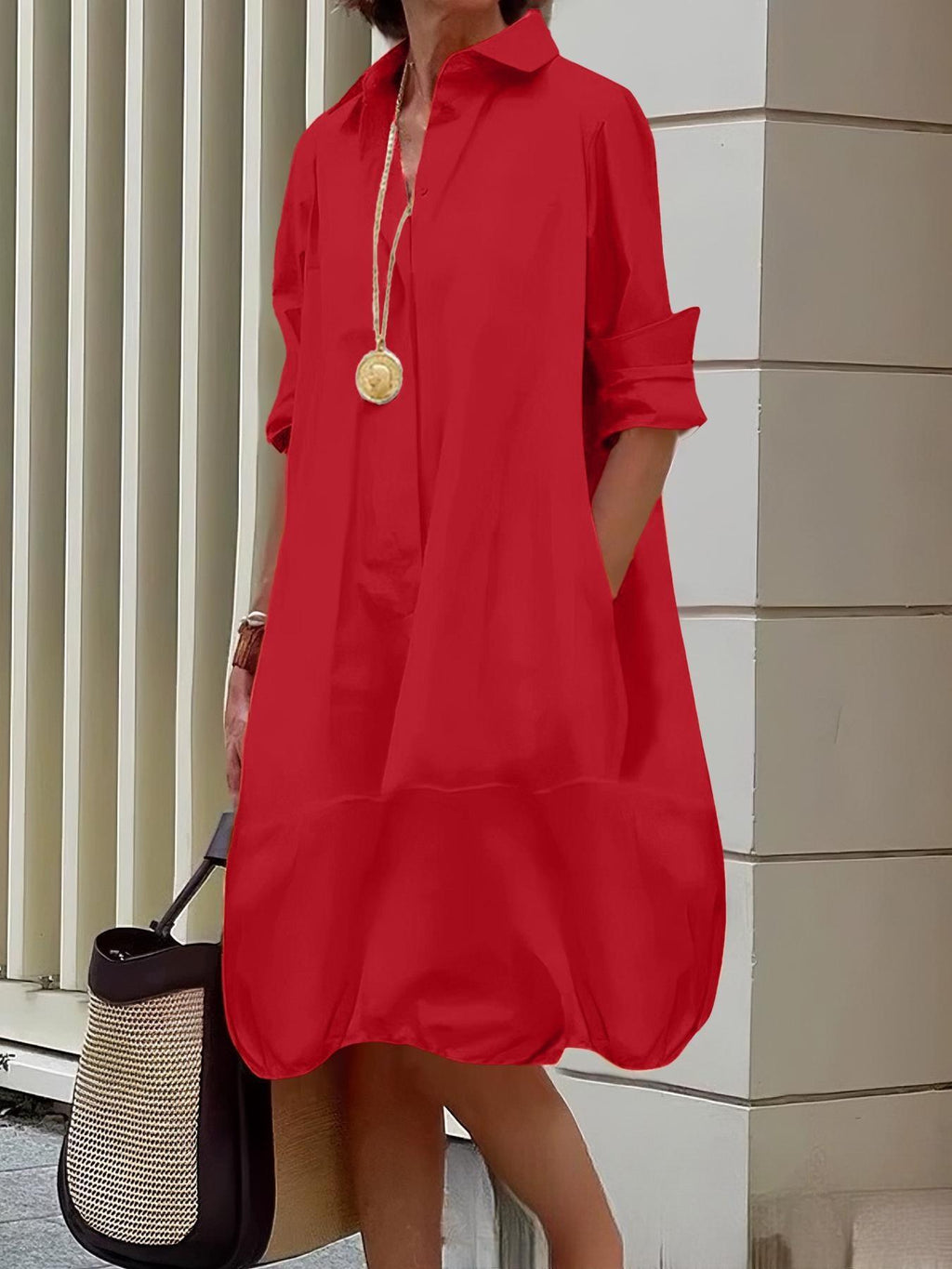 Damen Lässiges Hemdblusenkleid mit weit geschnittenem Saum ShopNory