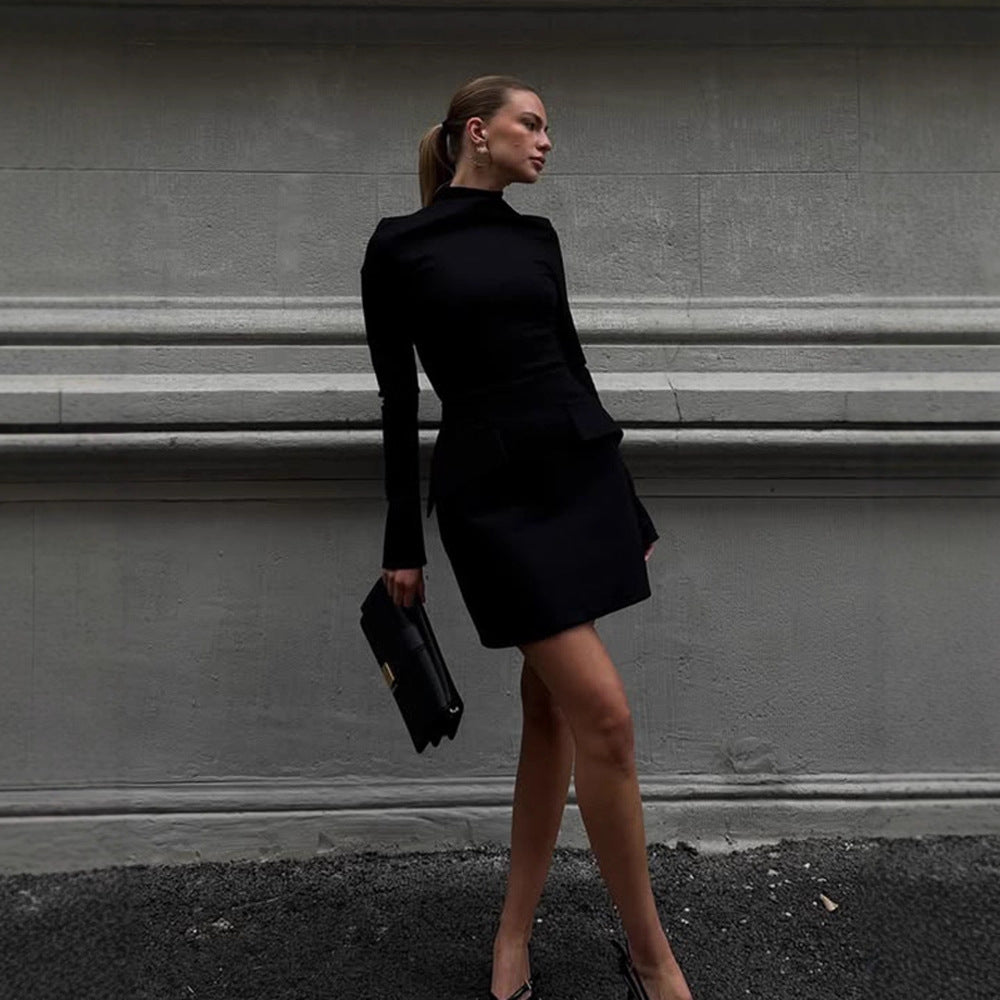 Damen Tailliertes Mini-Kleid mit Stehkragen, langen Ärmeln & Schößchen Shop Nory