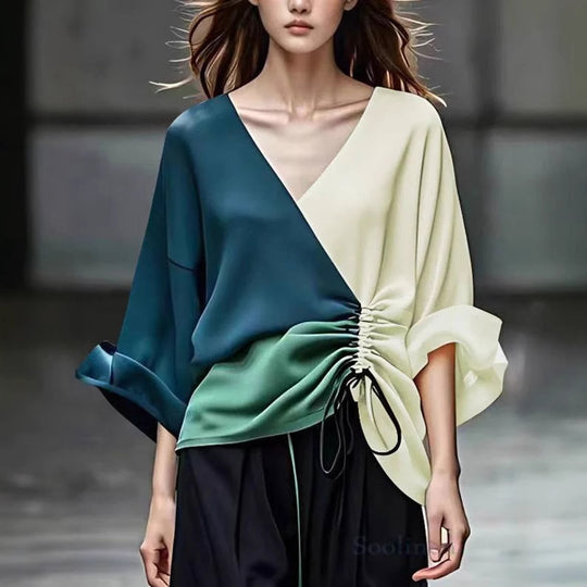 Damen Bluse mit V-Ausschnitt und seitlicher Raffungs-Kordel Shop Nory
