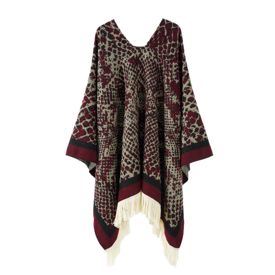 Damen Jacquard-Poncho mit V-Ausschnitt, Animalprint und Fransensaum Shop Nory