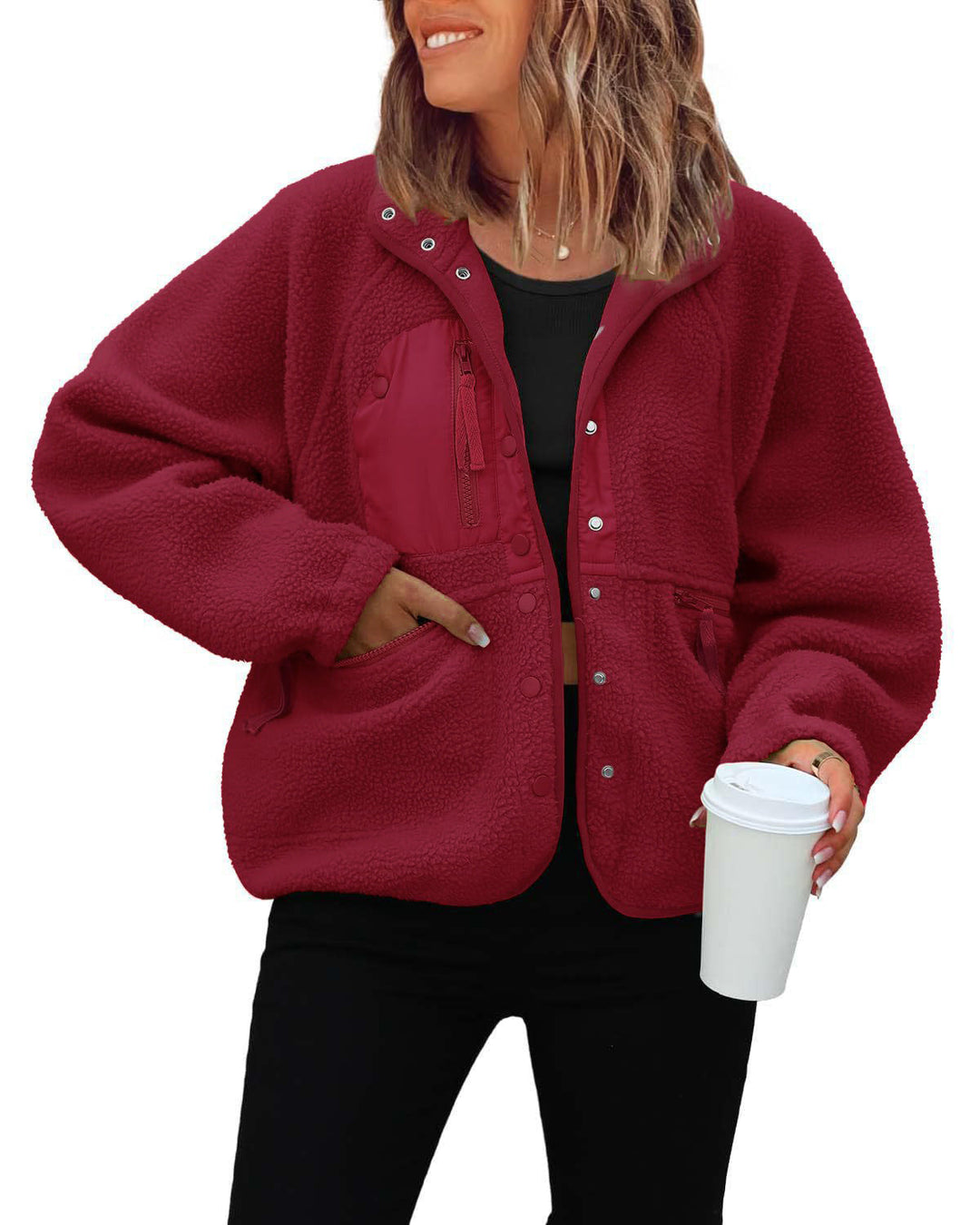 Damen kuschelige Fleecejacke mit praktischen Taschen