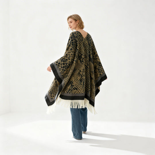 Damen Jacquard-Poncho mit V-Ausschnitt, Animalprint und Fransensaum Shop Nory