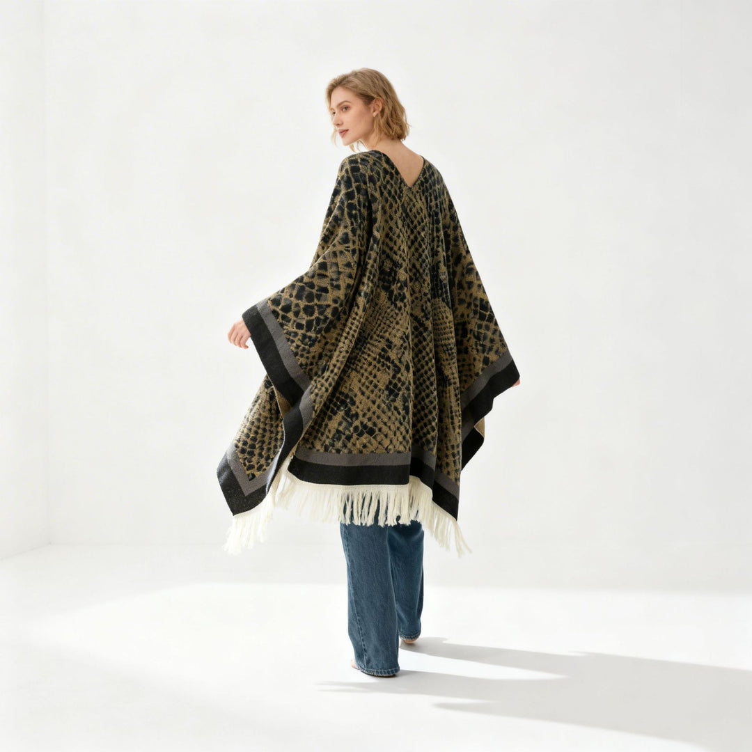 Damen Jacquard-Knitcape mit Leoparden‑Print, V‑Ausschnitt und Fransensaum Shop Nory