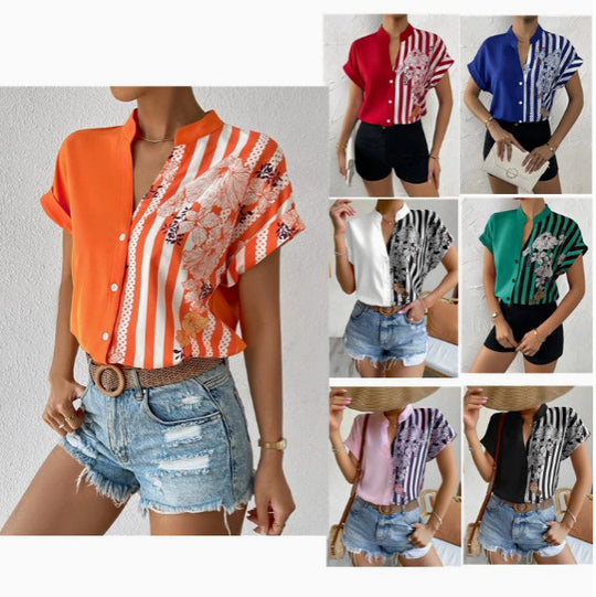 Damen Kurzarmbluse mit Stehkragen und asymmetrischem Streifen‑Blumenprint Shop Nory