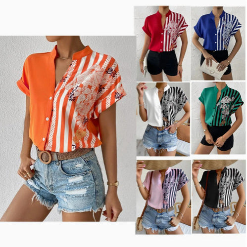 Damen Kurzarmbluse mit Stehkragen und asymmetrischem Streifen‑Blumenprint Shop Nory