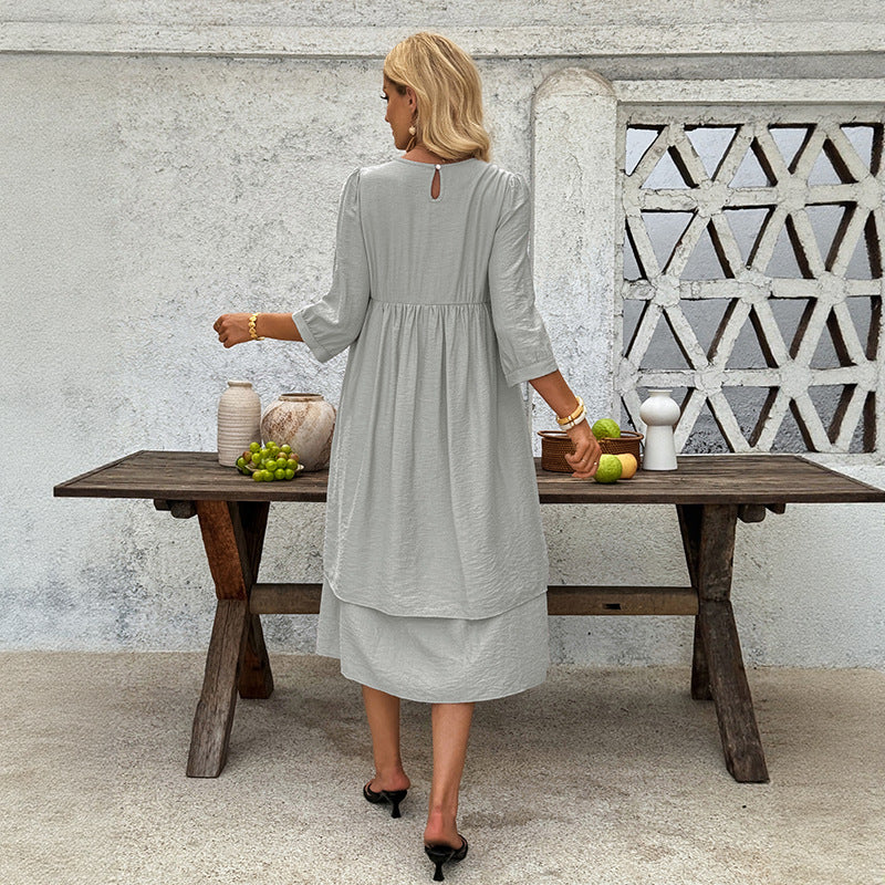 Damen Lagen-Midikleid mit geraffter Taille, 3/4-Ärmeln und lockerem A-Linien-Schnitt Shop Nory