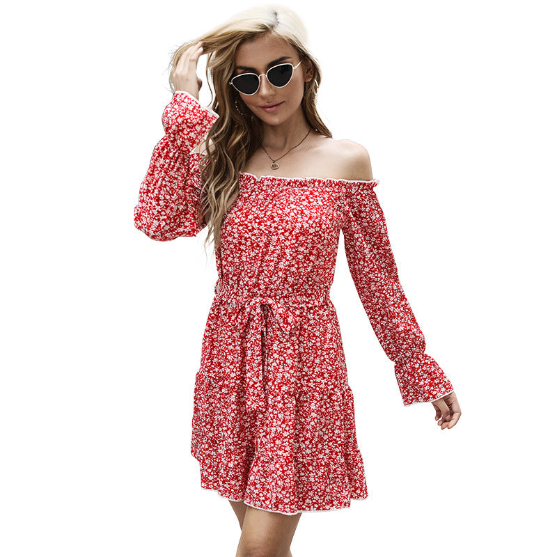 Damen Schulterfreies Blumen-Minikleid mit Taillenschnur und Stufenrock Shop Nory