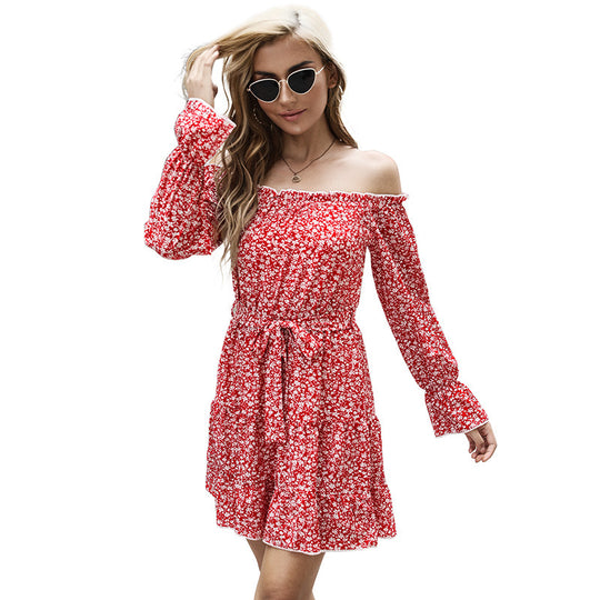 Damen Schulterfreies Blumen-Minikleid mit Taillenschnur und Stufenrock Shop Nory