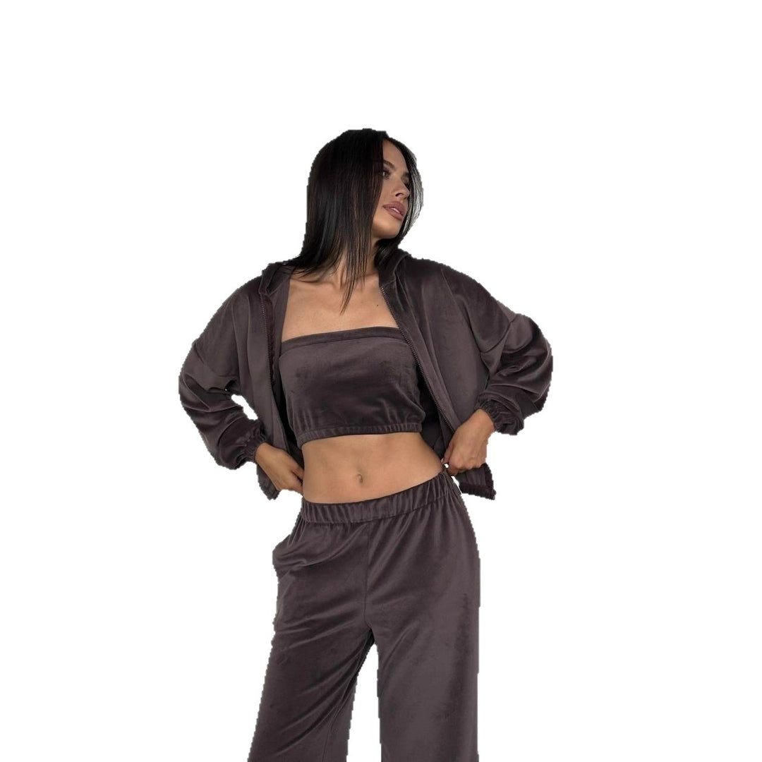 Damen Velours-Loungewear-Set mit Kapuzenjacke, Bandeau-Top und Jogginghose Shop Nory