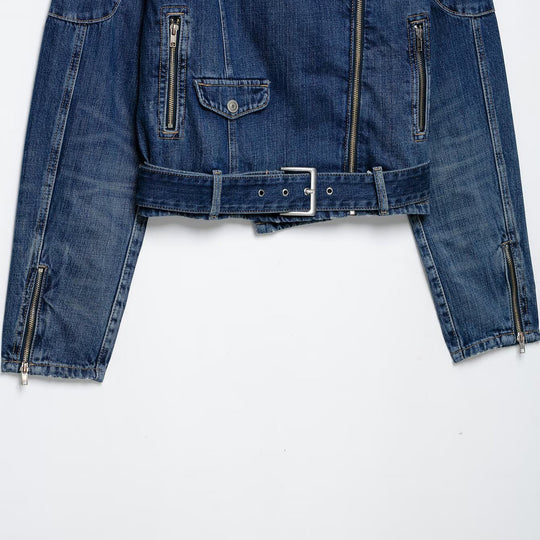 Damen Kurze Denim-Bikerjacke mit Gürtel und asymmetrischem Reißverschluss Shop Nory
