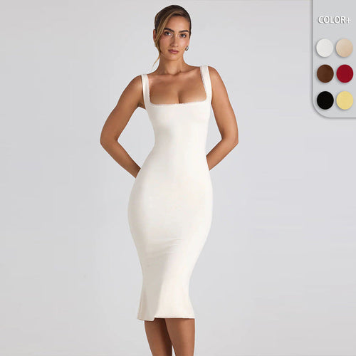 Damen figurbetontes Midikleid mit quadratischem Ausschnitt und Spitzenakzenten