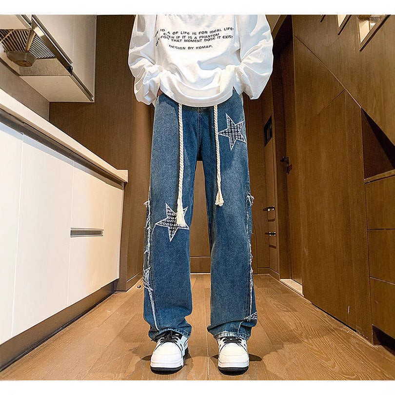 Damen Weite High‑Waist Denimhose mit Stern‑Applikationen, Fransen‑Seitenschlitzen und Kordelbund Shop Nory