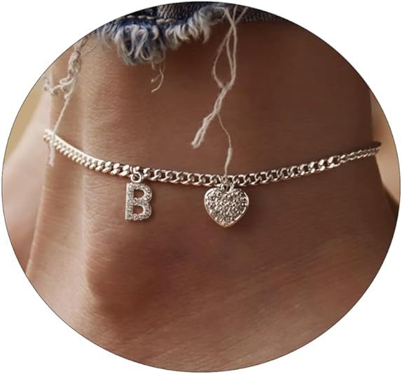 Damen Fußkettchen mit personalisiertem Buchstaben und funkelndem Herzanhänger Shop Nory