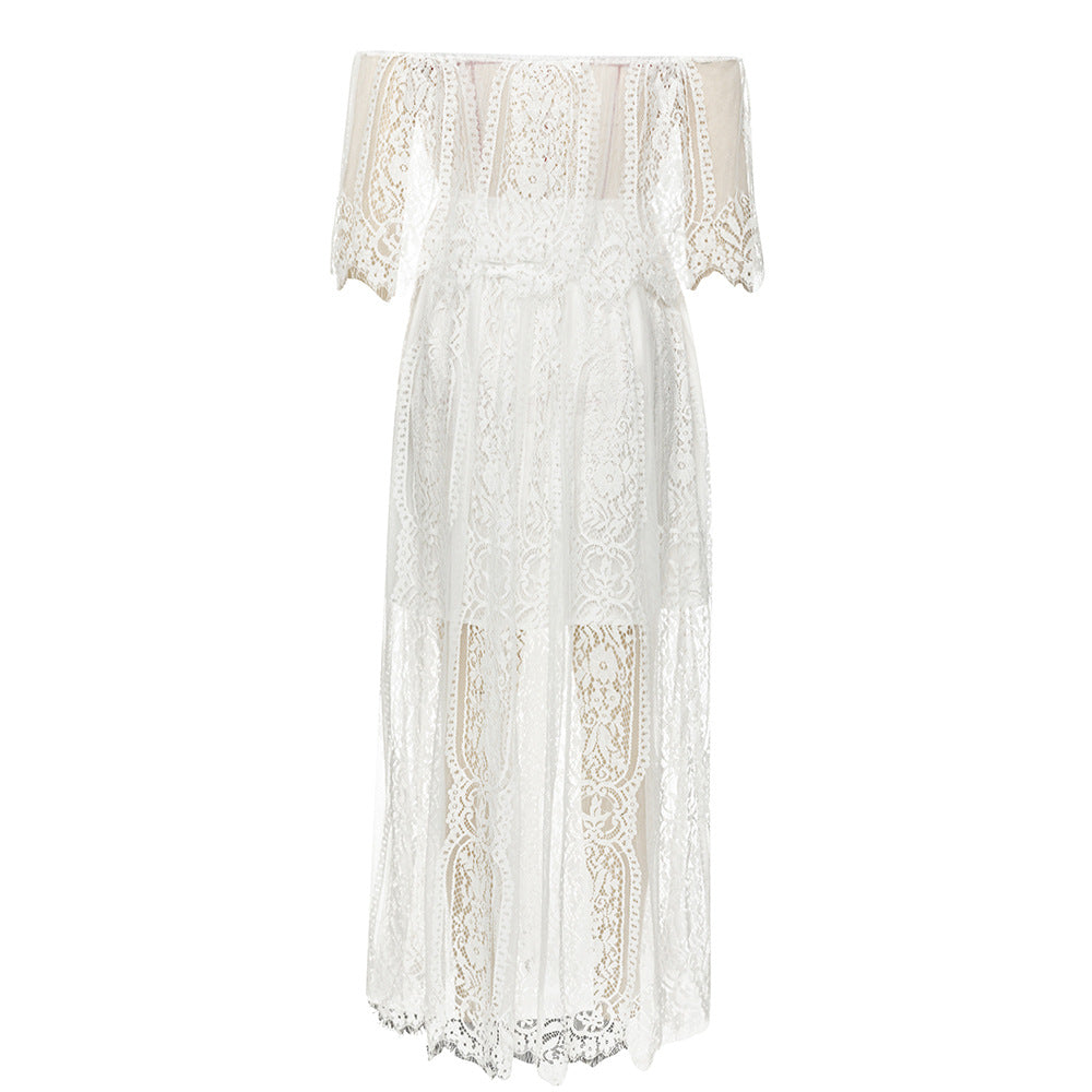 Damen Maxikleid mit eleganter Spitze und schulterfreiem Design