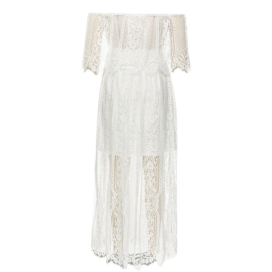 Damen Maxikleid mit eleganter Spitze und schulterfreiem Design
