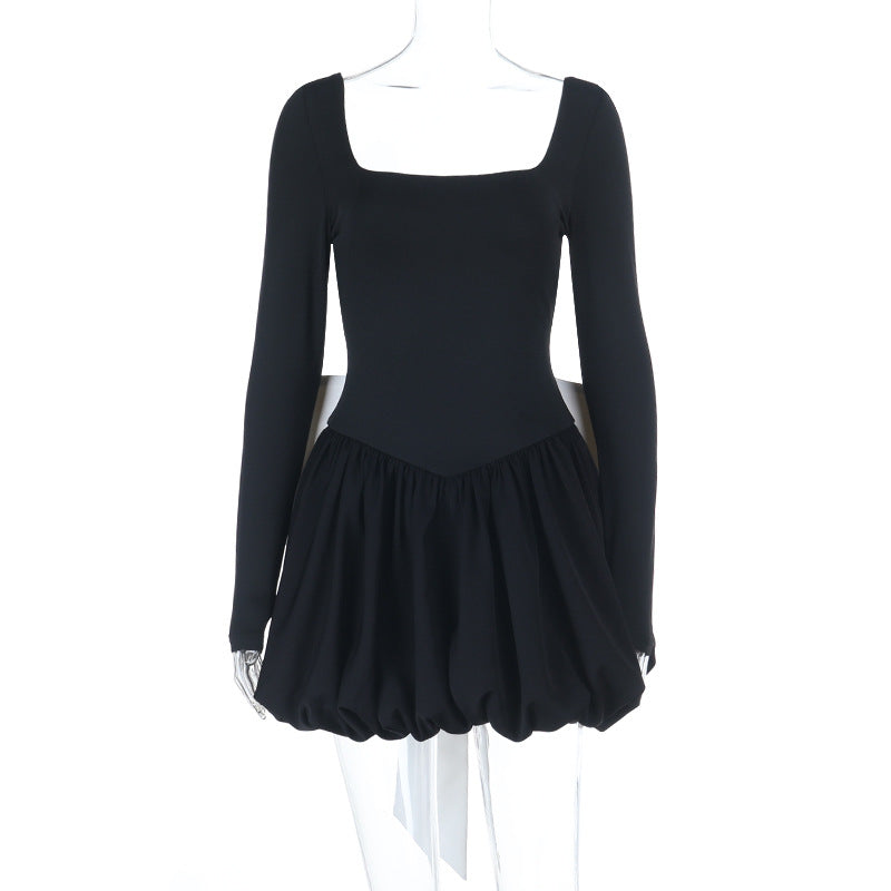 Damen Tailliertes Langarm-Minikleid mit eckigem Ausschnitt, V‑Taillennaht und Ballonrock Shop Nory