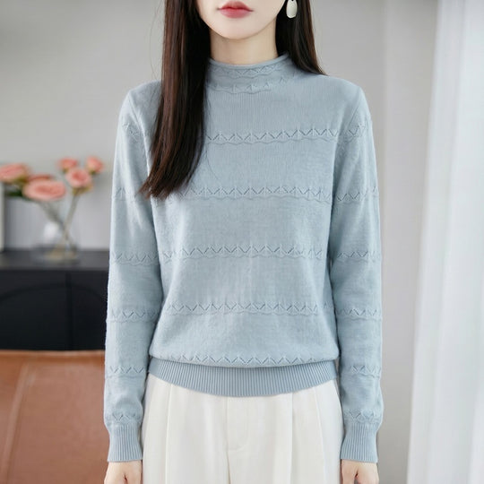 Damen Leichter Ajourstrick-Pullover mit kurzem Stehkragen und feinem Rippsaum Shop Nory