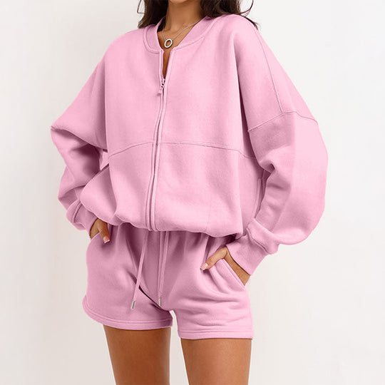 Damen nan zweiteiliges Sweat-Set mit oversized Reißverschluss-Jacke und elastischer Highwaist-Shorts Shop Nory