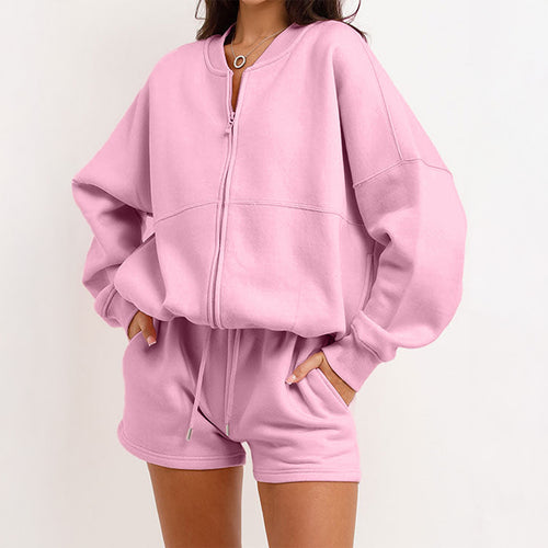 Damen nan zweiteiliges Sweat-Set mit oversized Reißverschluss-Jacke und elastischer Highwaist-Shorts Shop Nory
