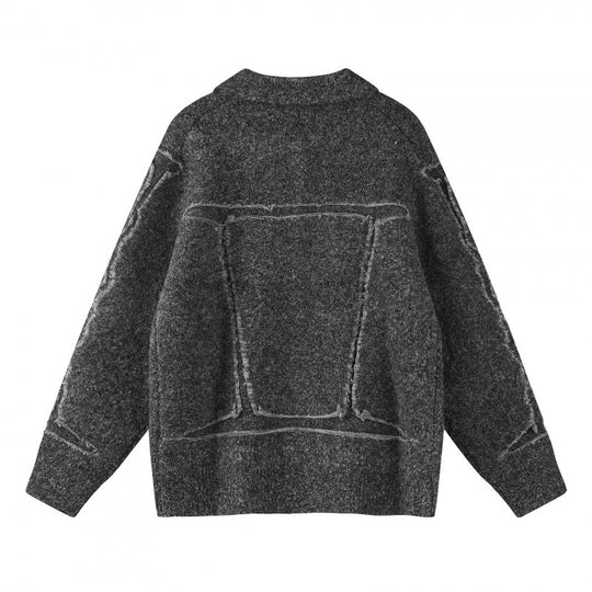 Unisex Oversize Strickjacke im Hemdjacken-Look mit Kragen, aufgesetzten Brusttaschen und Fransenbesatz Shop Nory