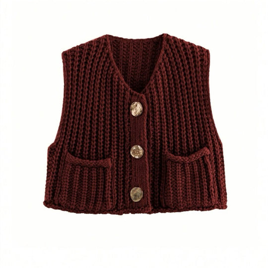 Damen Grobgestrickte Cropped Weste mit V-Ausschnitt und goldenen Zierknöpfen Shop Nory