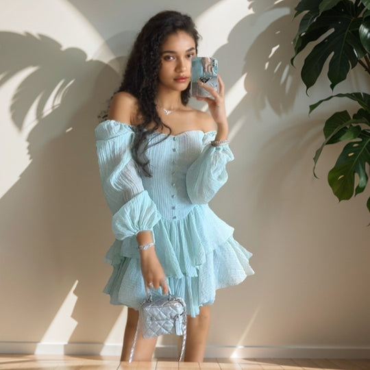 Damen Schulterfreies Stufen-Minikleid mit Knopfleiste Shop Nory