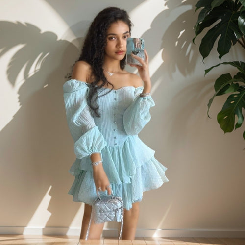 Damen Schulterfreies Stufen-Minikleid mit Knopfleiste Shop Nory