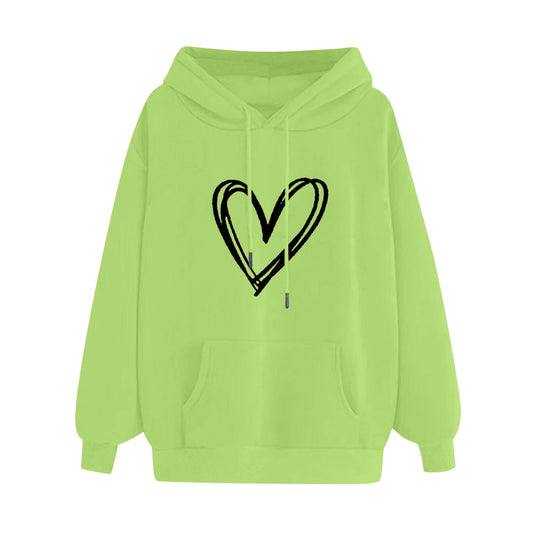 Damen nan oversized Kapuzenpullover mit handgezeichnetem Herzprint, Kängurutasche und weichem Fleece-Innenfutter Shop Nory