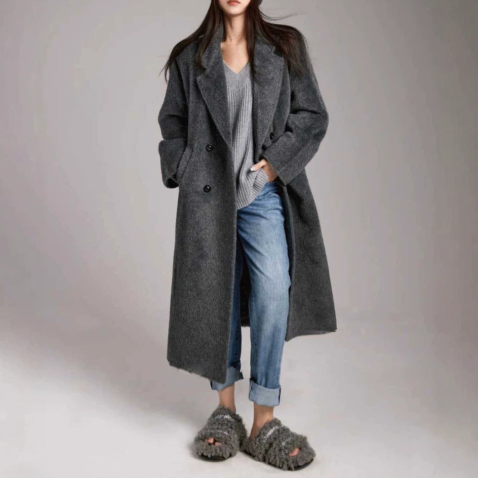 Damen Modischer und eleganter Bouclé-Mantel mit doppelter Knopfleiste Shop Nory